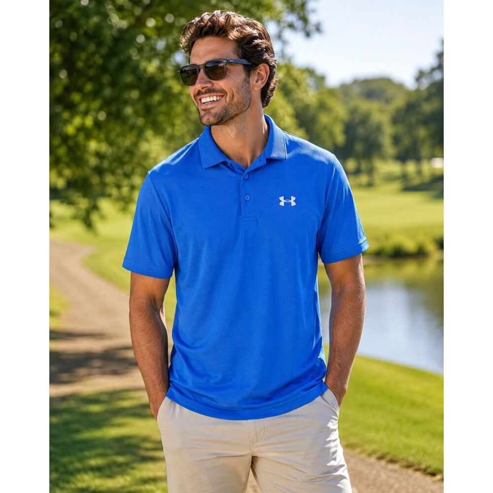 Under Armour Mens Size Medium Blue HeatGear Performance Golf Polo Shirt Casual